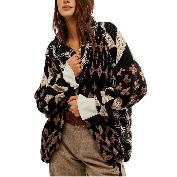 PUWEI Women's Knit Graphic Print Cardigan Long Sleeve Button Down Sweater Oversized Y2K Coat