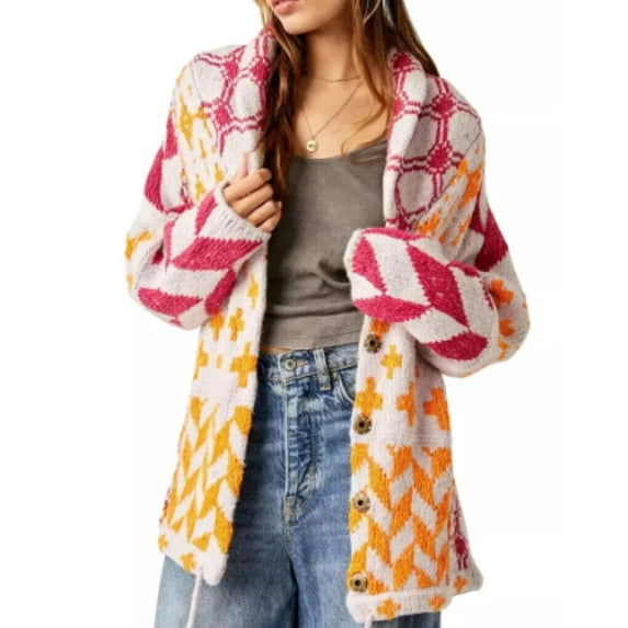 PUWEI Women's Knit Graphic Print Cardigan Long Sleeve Button Down Sweater Oversized Y2K Coat