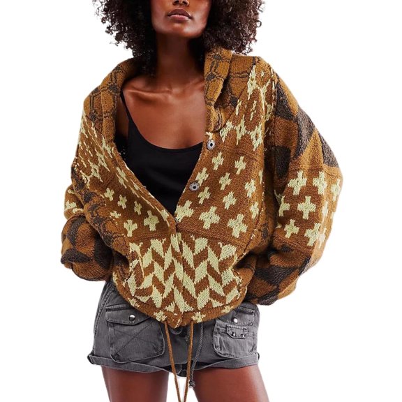 PUWEI Women's Knit Graphic Print Cardigan Long Sleeve Button Down Sweater Oversized Y2K Coat