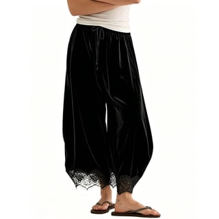 PUWEI Women's Lace Hem Velvet Pants Casual High Waist Drawstring Wide Leg Trousers