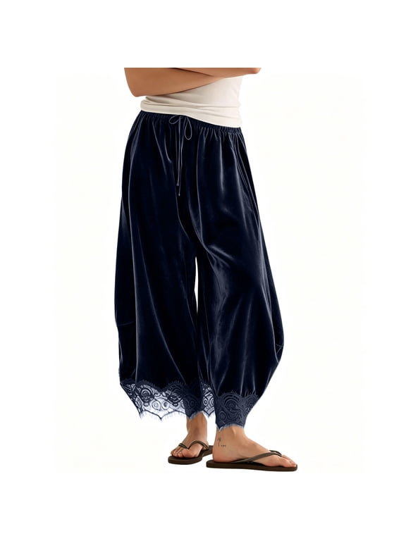 Women's Lace Hem Velvet Pants Casual High Waist Drawstring Wide Leg Trousers