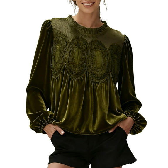 PUWEI Women's Lace Trim Velvet Blouse Elegant Flared Long Sleeve Top Casual Crew Neck Blouse
