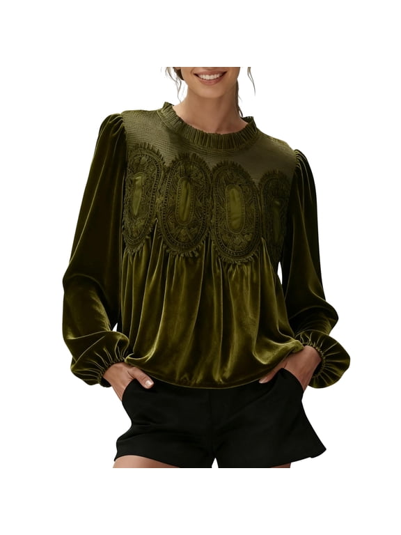 Women's Lace Trim Velvet Blouse Elegant Flared Long Sleeve Top Casual Crew Neck Blouse