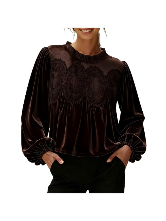 Women's Lace Trim Velvet Blouse Elegant Flared Long Sleeve Top Casual Crew Neck Blouse