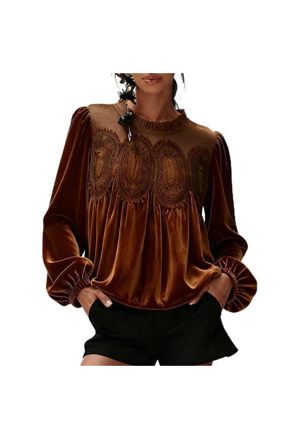 Women's Lace Trim Velvet Blouse Elegant Flared Long Sleeve Top Casual Crew Neck Blouse