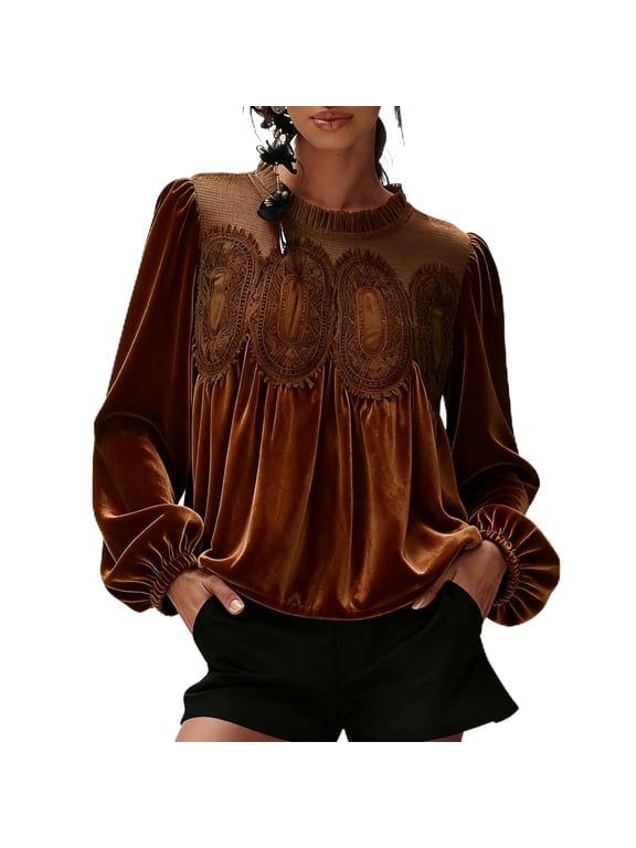 Women's Lace Trim Velvet Blouse Elegant Flared Long Sleeve Top Casual Crew Neck Blouse
