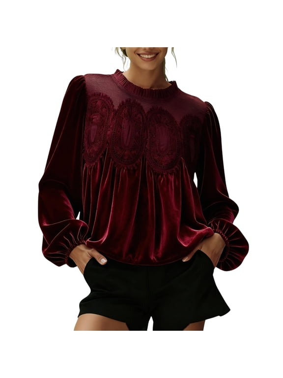 Women's Lace Trim Velvet Blouse Elegant Flared Long Sleeve Top Casual Crew Neck Blouse