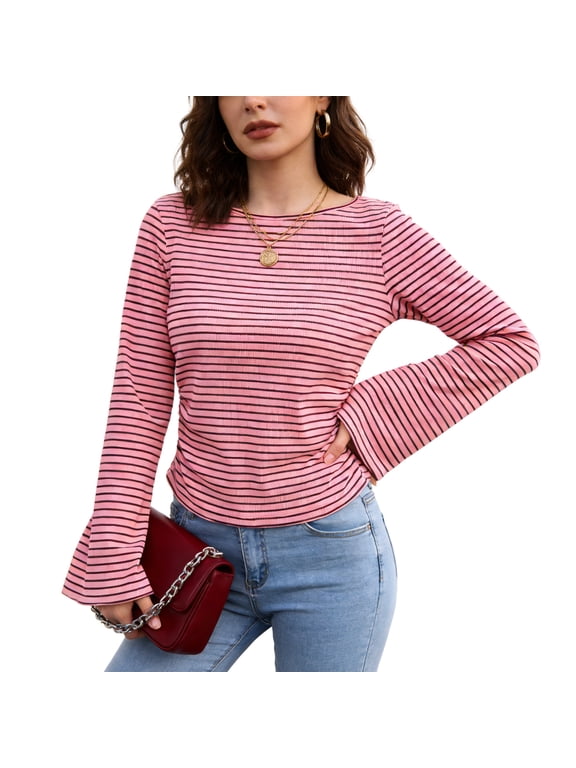 Women's Long Bell Sleeve Shirts Casual Boat Neck Crop Going Out Tops Ribbed Ruched Y2K Clothes
