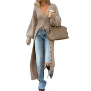 PUWEI Women's Long Chunky Knit Cardigans V Neck Button Down Sweater Coat Trendy Maxi Sweater Dress