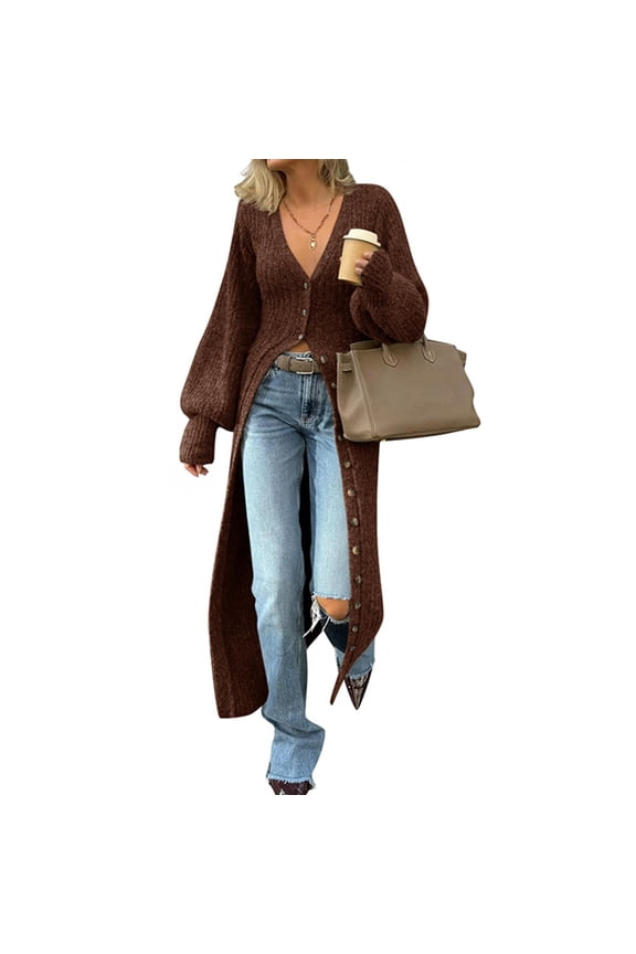 Women's Long Chunky Knit Cardigans V Neck Button Down Sweater Coat Trendy Maxi Sweater Dress