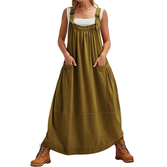 PUWEI Women's Loose Overall Dress Adjustable Straps Casual Barrel Midi Dress Bib Romper with Pockets