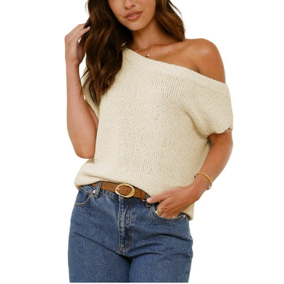 PUWEI Women's Off Shoulder Sweater Ribbed Knit Top Short Sleeve Pullover Blouse