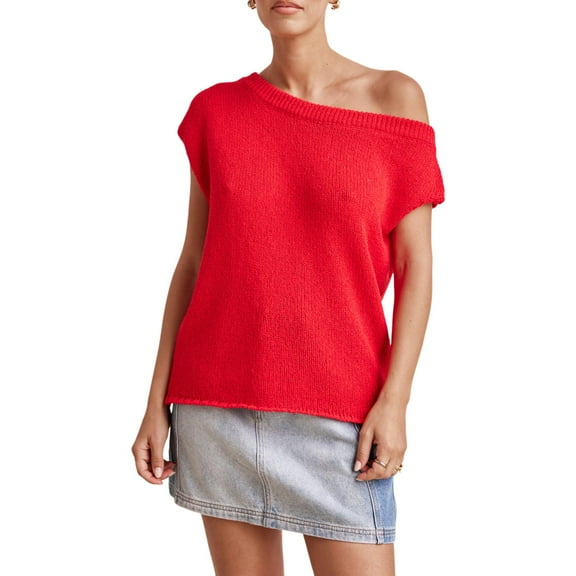 PUWEI Women's Off Shoulder Sweater Ribbed Knit Top Short Sleeve Pullover Blouse