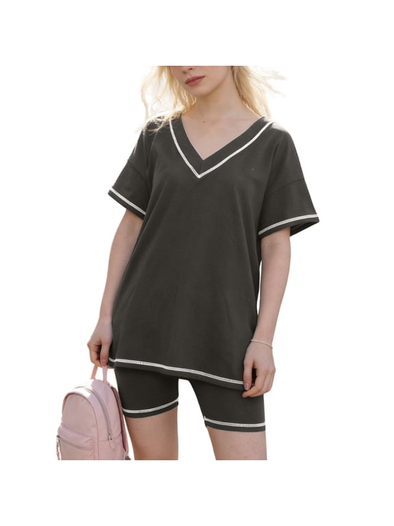 Women's Oversized Casual 2 Piece Workout Set Reversible V Neck Tee and Biker Shorts Lounge Outfit Set