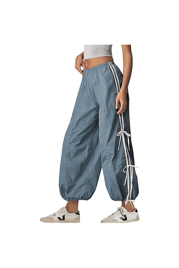 Women's Parachute Pants Baggy Elastic Waist Track Pants Casual Bow Knot Trousers with Pockets