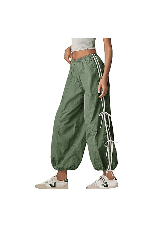 Women's Parachute Pants Baggy Elastic Waist Track Pants Casual Bow Knot Trousers with Pockets