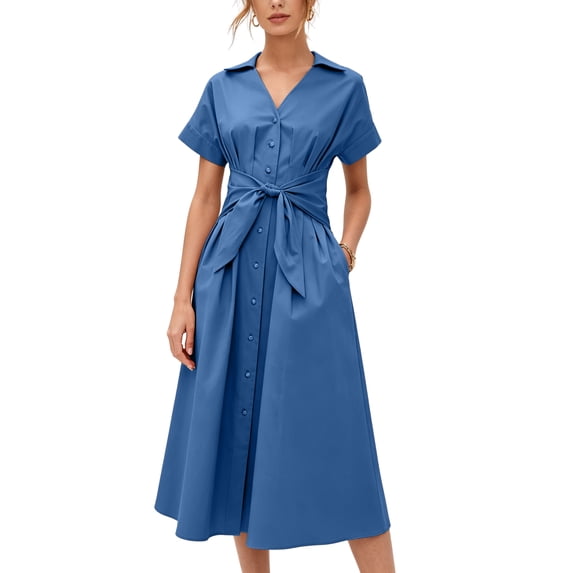 PUWEI Women's Pleated Shirt Dress Summer Casual Short Sleeve V Neck Button Down Dresses Workwear with Tie