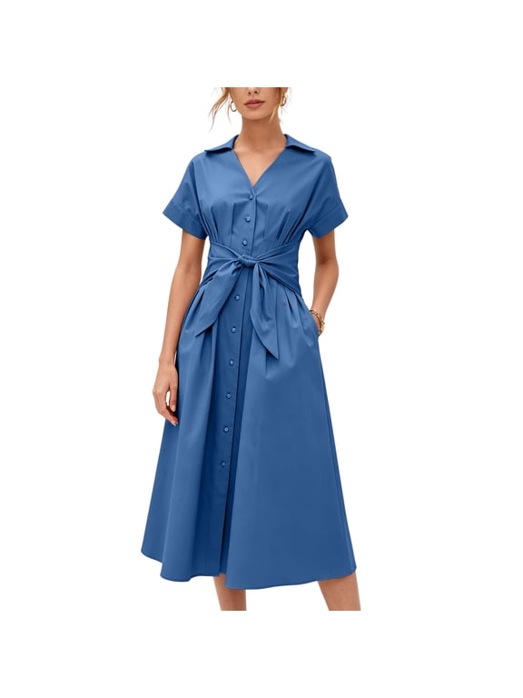 Women's Pleated Shirt Dress Summer Casual Short Sleeve V Neck Button Down Dresses Workwear with Tie