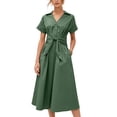 thumbnail image 1 of PUWEI Women's Pleated Shirt Dress Summer Casual Short Sleeve V Neck Button Down Dresses Workwear with Tie, 1 of 7