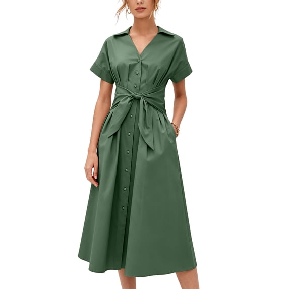 PUWEI Women's Pleated Shirt Dress Summer Casual Short Sleeve V Neck Button Down Dresses Workwear with Tie