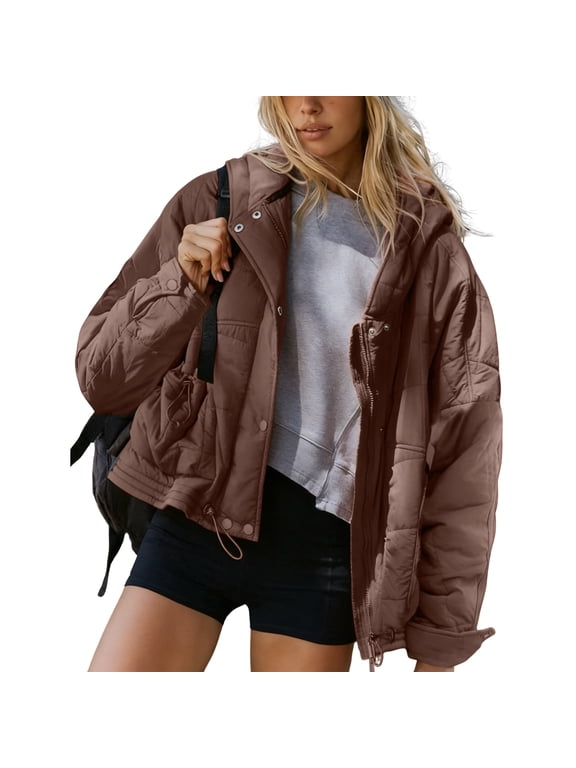 Women's Quilted Puffer Jacket Casual Hooded Long Sleeves Coat Zip-up Padded Outwear with Pockets