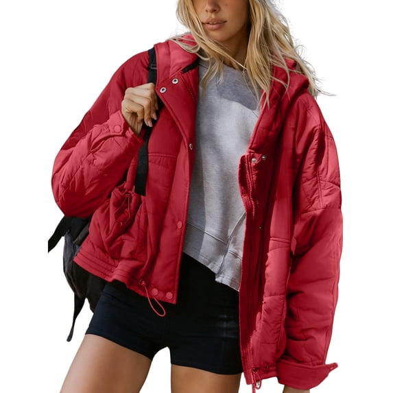PUWEI Women's Quilted Puffer Jacket Casual Hooded Long Sleeves Coat Zip-up Padded Outwear with Pockets