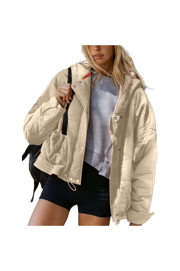 Women's Quilted Puffer Jacket Casual Hooded Long Sleeves Coat Zip-up Padded Outwear with Pockets