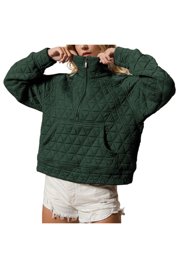 Women's Quilted Puffer Jacket Warm Half-zip Pullover Lightweight Sweatshirt Oversize Outerwear