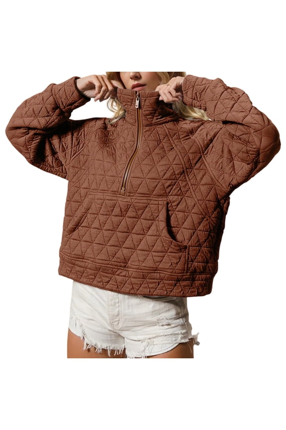 Women's Quilted Puffer Jacket Warm Half-zip Pullover Lightweight Sweatshirt Oversize Outerwear
