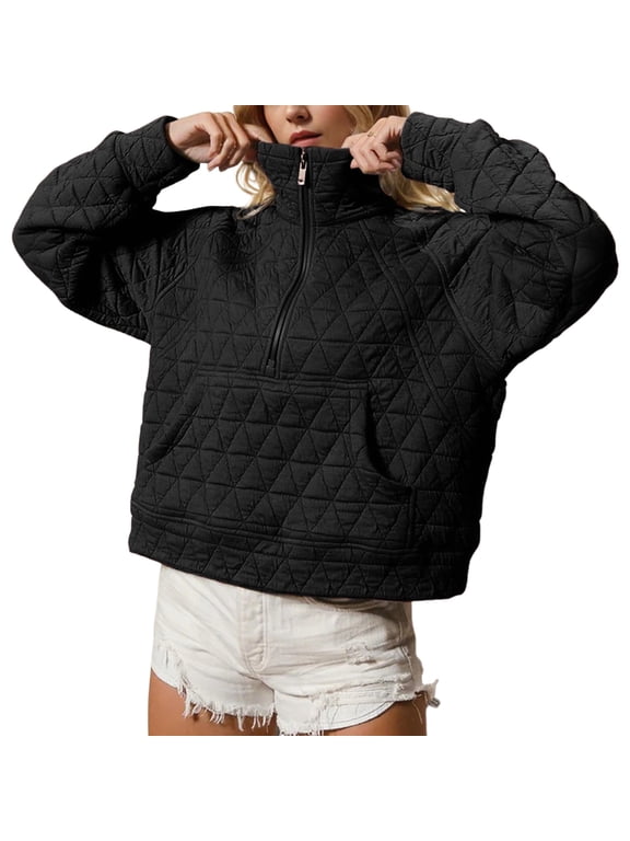 Women's Quilted Puffer Jacket Warm Half-zip Pullover Lightweight Sweatshirt Oversize Outerwear