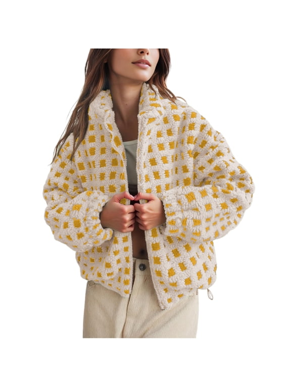Women's Sherpa Checkered Fleece Jacket Long Sleeve Coat Warm Zip Up Plaid Outwear with Pocket