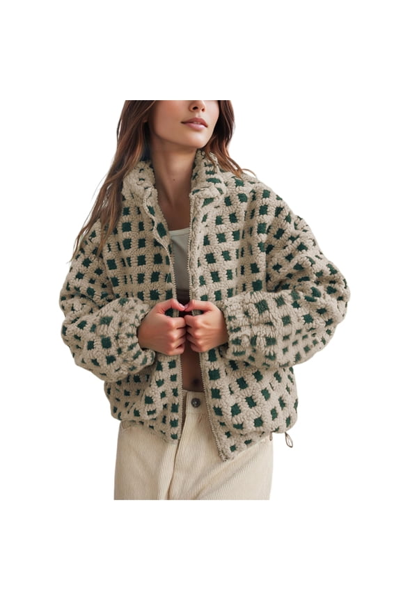Women's Sherpa Checkered Fleece Jacket Long Sleeve Coat Warm Zip Up Plaid Outwear with Pocket