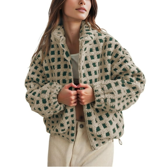 PUWEI Women's Sherpa Checkered Fleece Jacket Long Sleeve Coat Warm Zip Up Plaid Outwear with Pocket