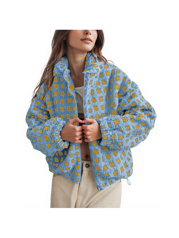Women's Sherpa Checkered Fleece Jacket Long Sleeve Coat Warm Zip Up Plaid Outwear with Pocket
