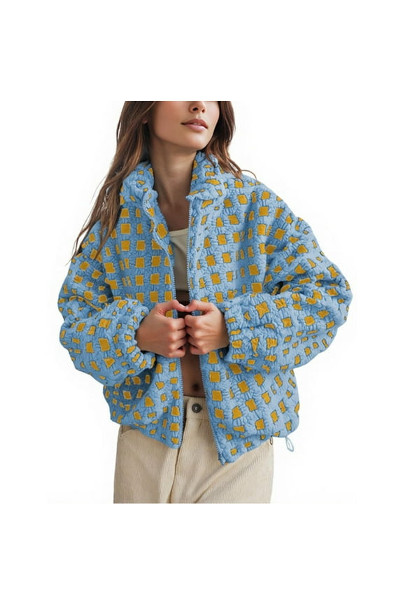 Women's Sherpa Checkered Fleece Jacket Long Sleeve Coat Warm Zip Up Plaid Outwear with Pocket