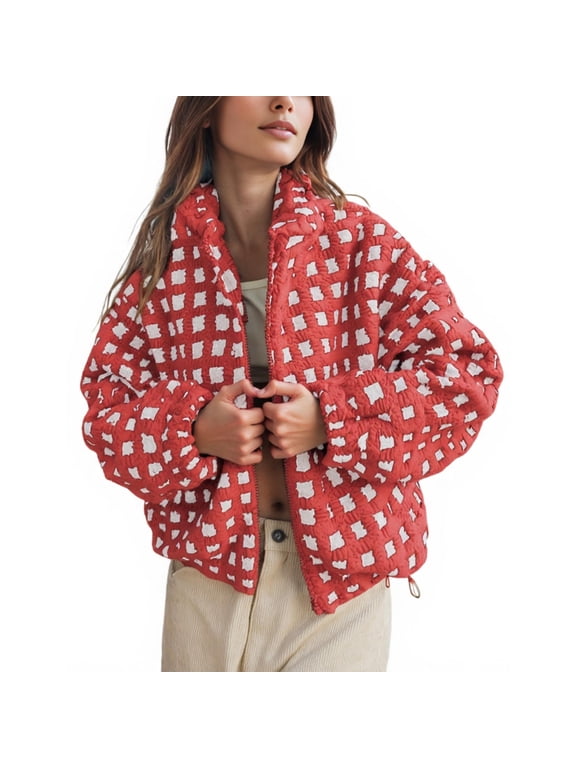 Women's Sherpa Checkered Fleece Jacket Long Sleeve Coat Warm Zip Up Plaid Outwear with Pocket