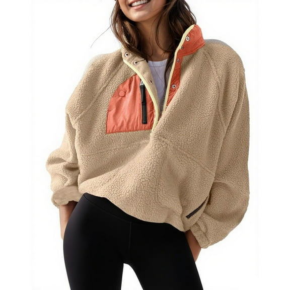 PUWEI Women's Sherpa Fleece Button Pullover Lightweight Fuzzy Cropped Sweatshirt Coat with Pockets