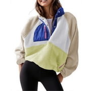 PUWEI Womens Sherpa Fleece Button Pullover Lightweight Fuzzy Cropped Sweatshirt Coat with Pockets