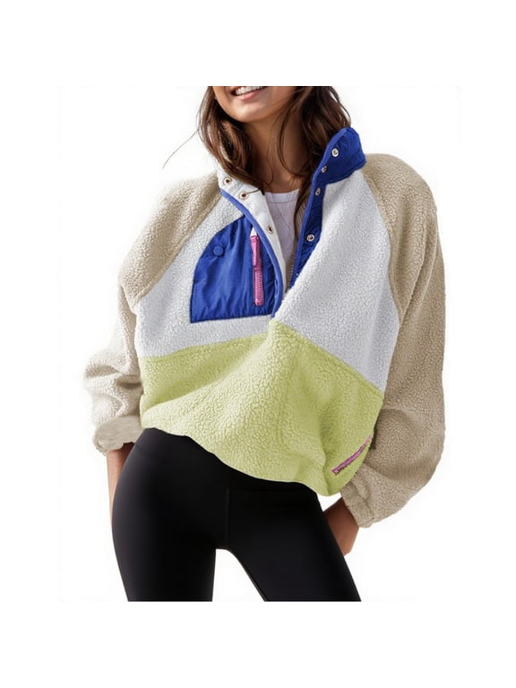 Women's Sherpa Fleece Button Pullover Lightweight Fuzzy Cropped Sweatshirt Coat with Pockets