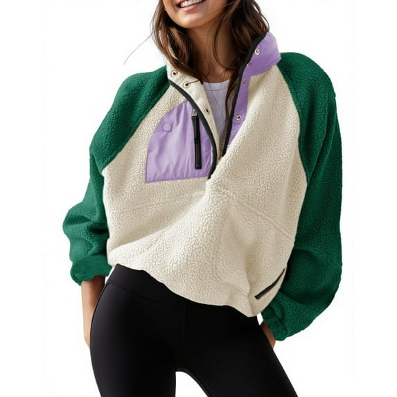 PUWEI Women's Sherpa Fleece Button Pullover Lightweight Fuzzy Cropped Sweatshirt Coat with Pockets