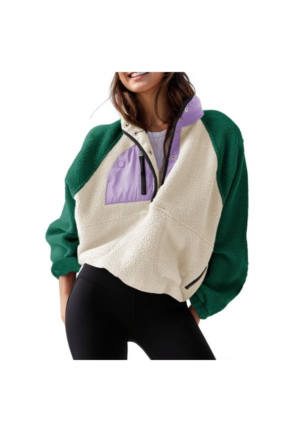 Women's Sherpa Fleece Button Pullover Lightweight Fuzzy Cropped Sweatshirt Coat with Pockets