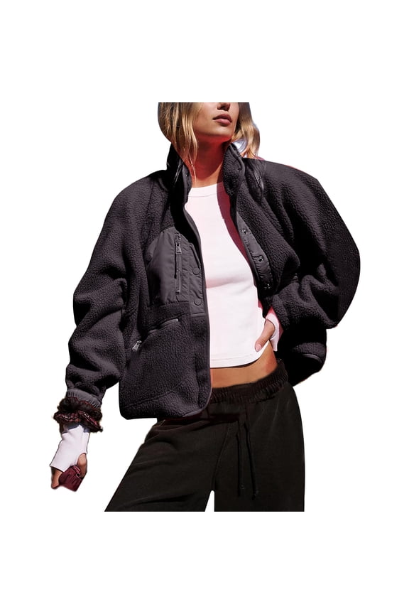 Women's Sherpa Fleece Cropped Jacket Fuzzy Warm Coat Button Down Outwear with Pockets