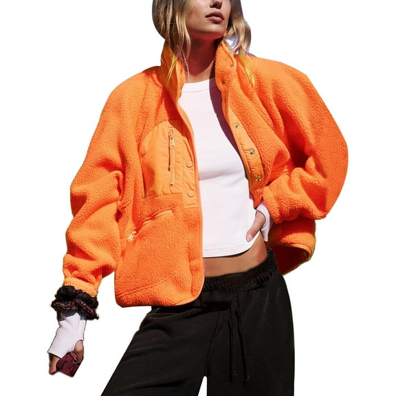 PUWEI Women's Sherpa Fleece Cropped Jacket Fuzzy Warm Coat Button Down Outwear with Pockets