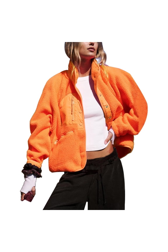 Women's Sherpa Fleece Cropped Jacket Fuzzy Warm Coat Button Down Outwear with Pockets