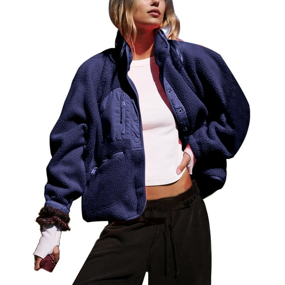 PUWEI Women's Sherpa Fleece Cropped Jacket Fuzzy Warm Coat Button Down Outwear with Pockets