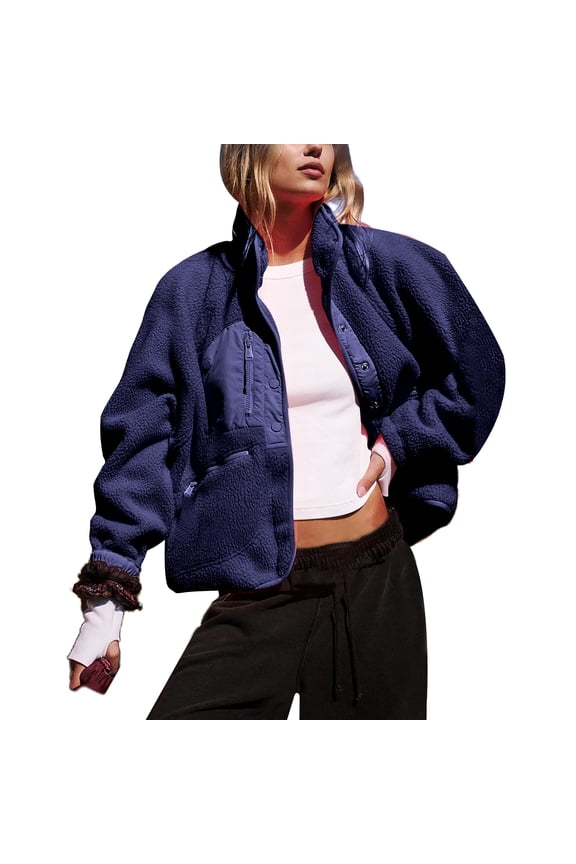 Women's Sherpa Fleece Cropped Jacket Fuzzy Warm Coat Button Down Outwear with Pockets