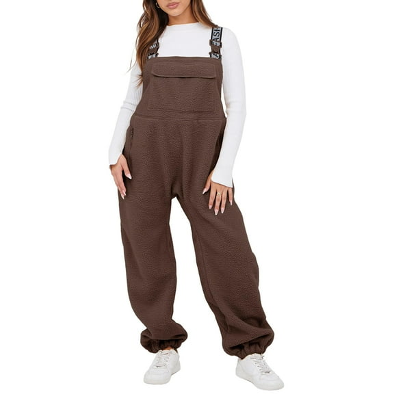 PUWEI Women's Sherpa Fleece Overalls Casual Loose Jumpsuit Adjustable Straps Bib Romper with Pockets