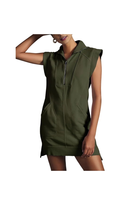 Women's Sleeveless Dress V Neck Sweatshirt Tunic Tops Half-Zip Pullover Mini Dress with Pockets