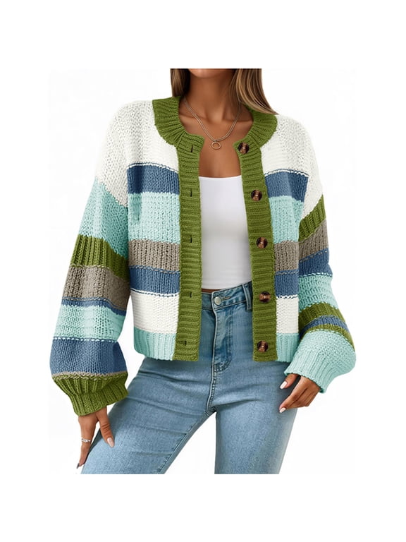 Women's Striped Cardigan Sweaters Long Sleeve Trendy Chunky Knit Color Block Sweater Coat