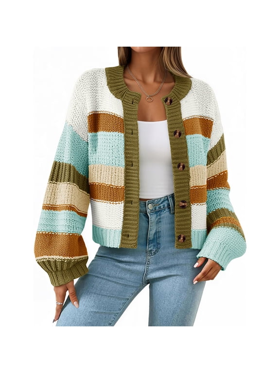 Women's Striped Cardigan Sweaters Long Sleeve Trendy Chunky Knit Color Block Sweater Coat